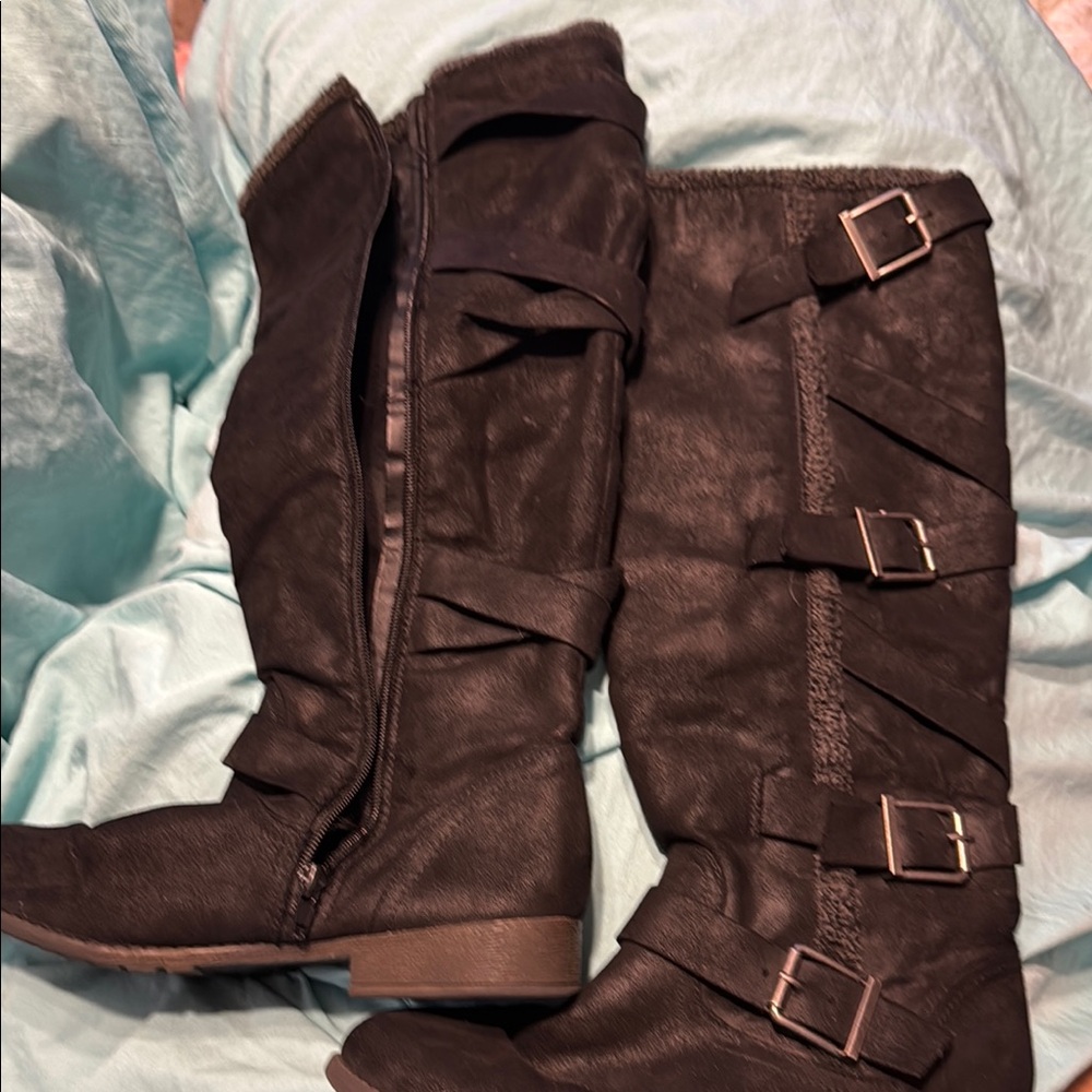 Black Over the Knee Boots with Buckle Details